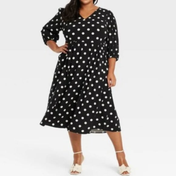 NWOT Ava & Viv Black & White Polka Dot Midi Dress - Picture 1 of 4
